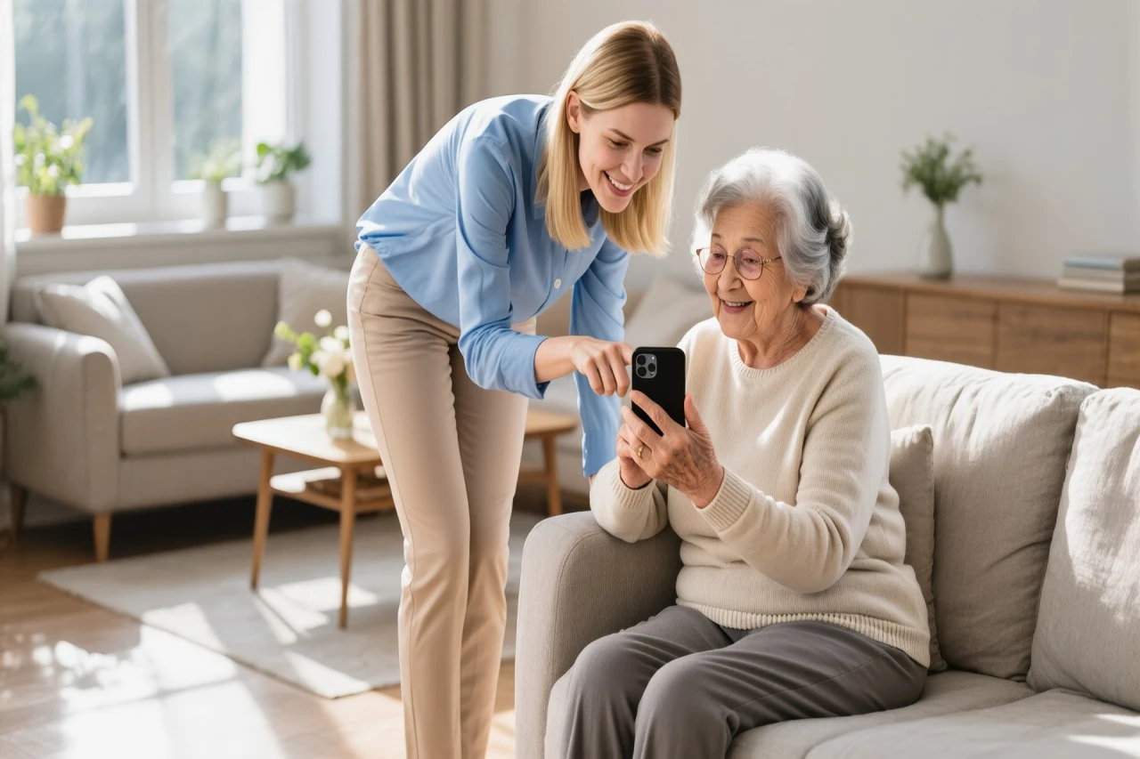 Caregiver providing compassionate home care services to an elderly person